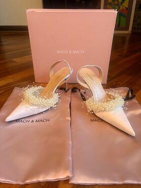 Mach & Mach White Satin Slingback Pumps with Pearly Embellishment